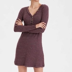 American Eagle Outfitters Striped Long Sleeve Dress - Burgundy and White
